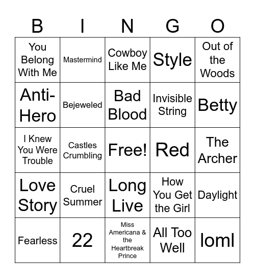 Taylor Swift Music Bingo Card