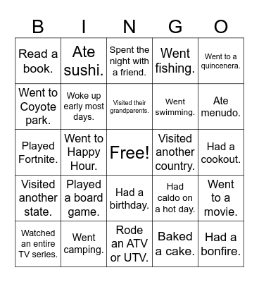 Back From Break Bingo Card