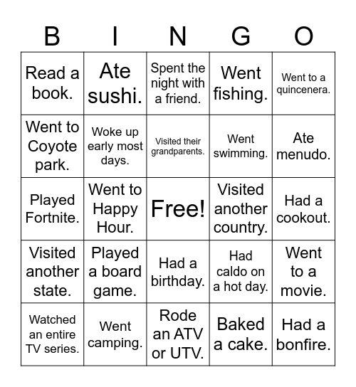 Back From Break Bingo Card