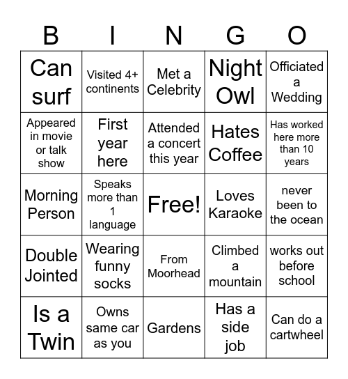 Staff Bingo Card