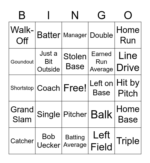 Baseball Terms Bingo Card