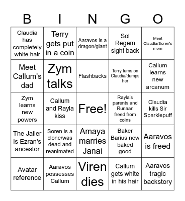The Dragon Prince Season 6 Bingo Card