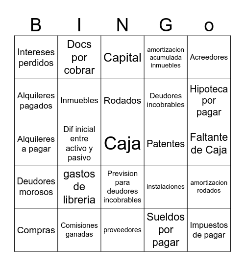 Elementos contables Bingo Card