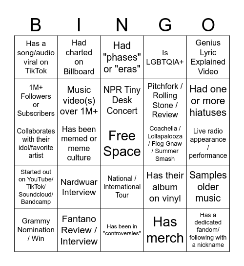 Musician Artist Bingo Card