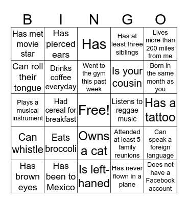 Family Reunion Bingo Card