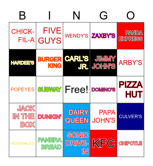 Fast Food Bingo Card