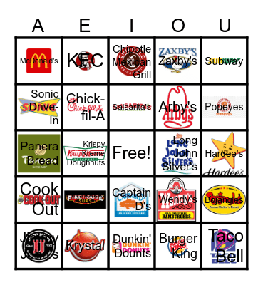 Fast Food Bingo Card