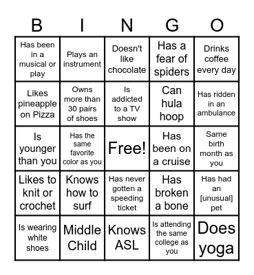 Get to Know You Bingo Card