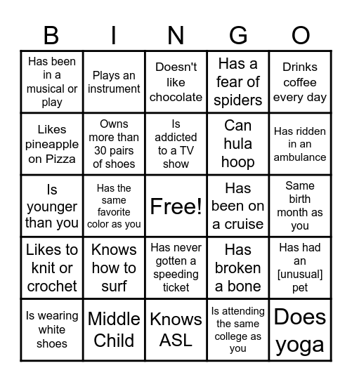 Get to Know You Bingo Card