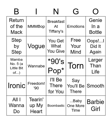 Music Bingo - 90's Pop Bingo Card