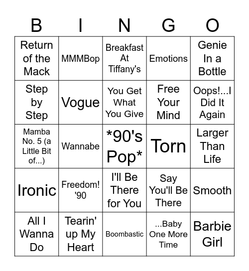 Music Bingo - 90's Pop Bingo Card