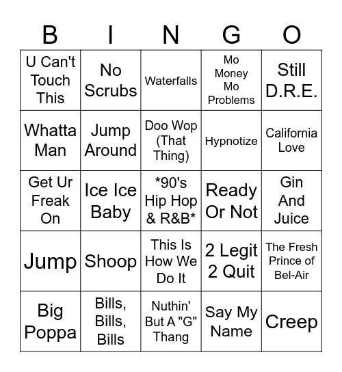 Music Bingo - 90's Hip Hop & R&B Bingo Card