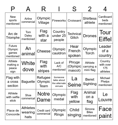 2024 Olympic Opening Ceremonies Bingo Card