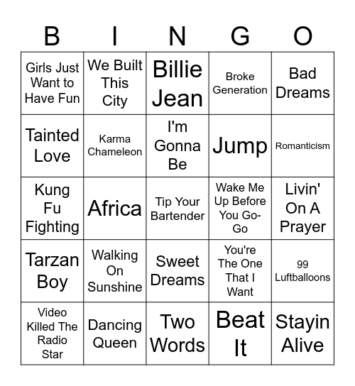 80's Hits Bingo Card