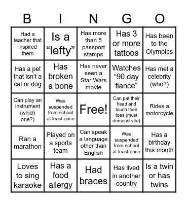 Fun Fact Friday Bingo Card