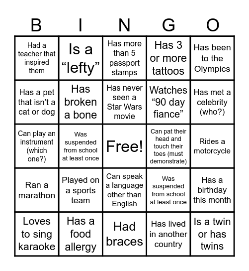 Fun Fact Friday Bingo Card