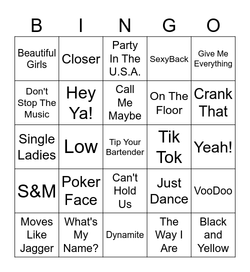 2000's Hits Bingo Card