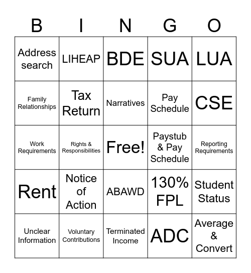 DHHS Bingo Card