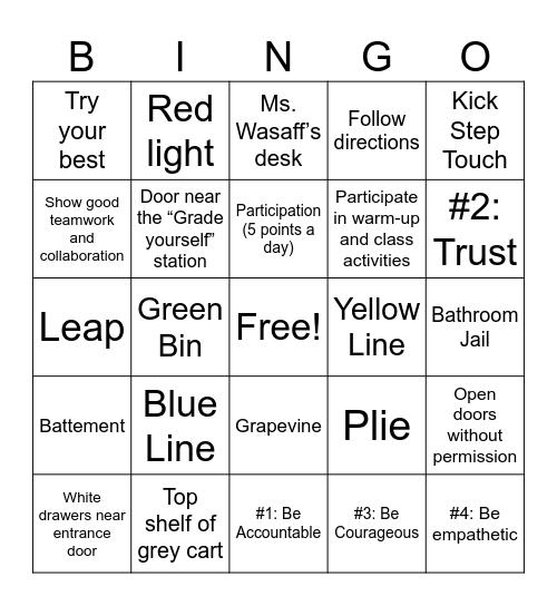 Welcome to Dance Class! Bingo Card