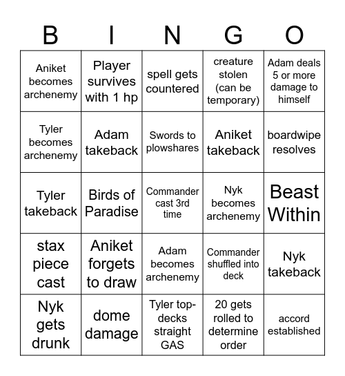 Commander Night Bingo Card