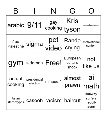 yt shorts Bingo Card