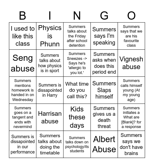 Summers' Physics Bingo Card