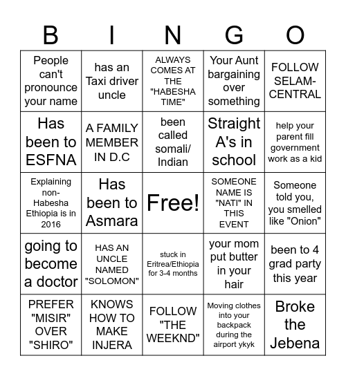 BINGO: HABESHA EDITION Bingo Card