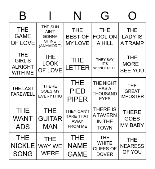 Music Bingo #64  -  To a Tee Bingo Card