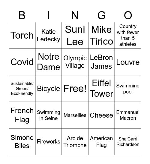 Opening Ceremony Bingo, Paris 2024 Bingo Card
