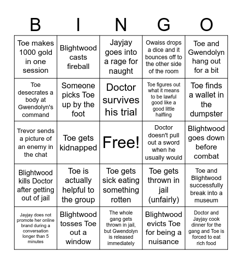 Trevor's Bingo Card