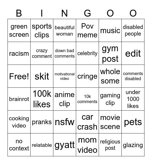 instagram reels Bingo Card