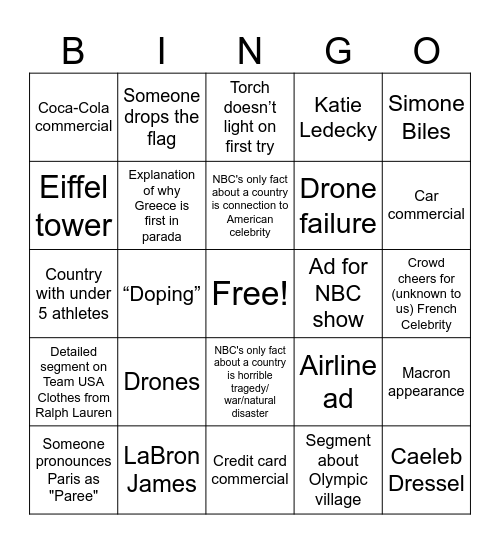 Opening Ceremony Bingo Card