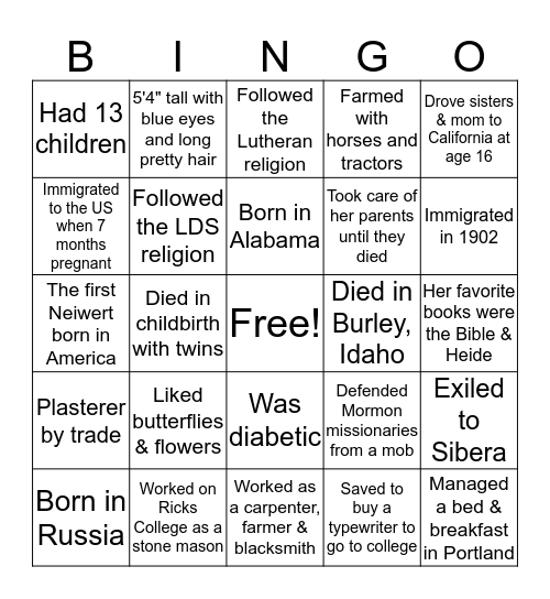 Ancestry Bingo Card