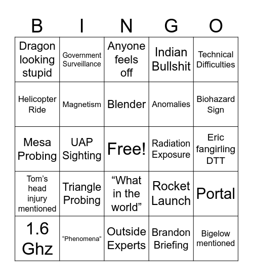 Skinwalker Ranch Bingo Card