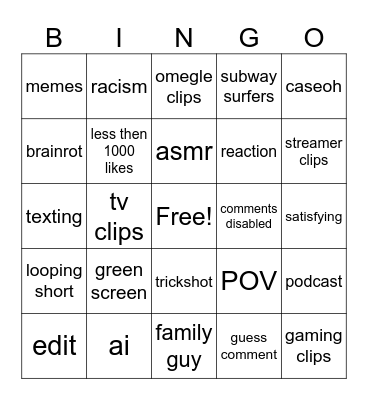 youtube shorts bingo Card