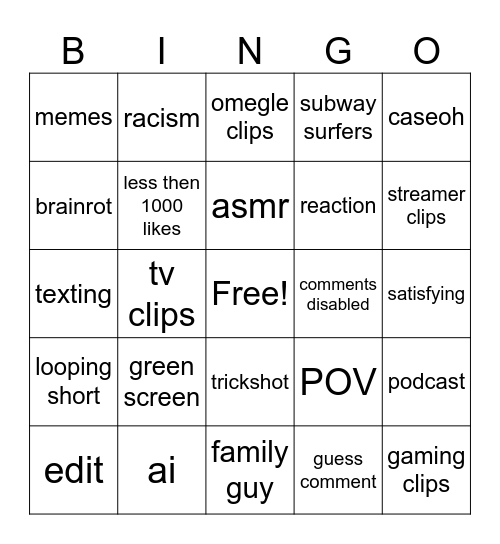 youtube shorts bingo Card