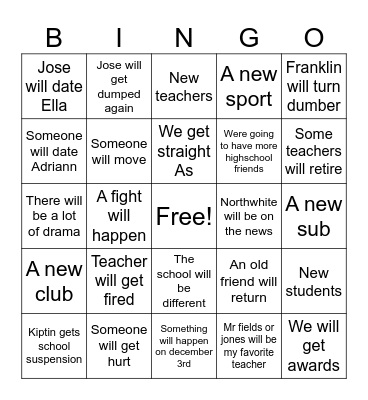 School Year Bingo Predicions Bingo Card