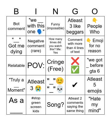 Shorts Bingo Card