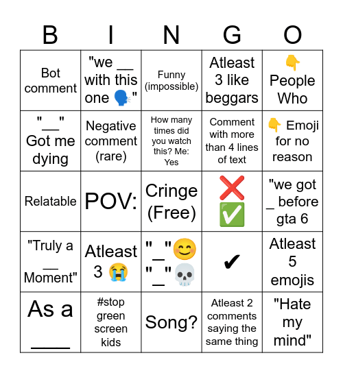 Shorts Bingo Card