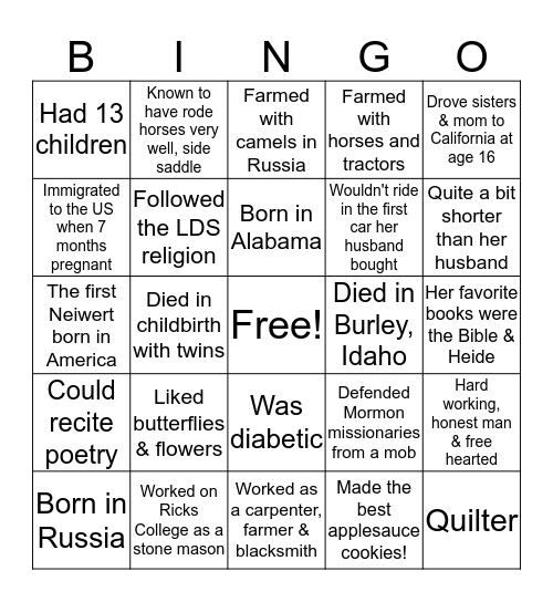 Ancestry Bingo Card