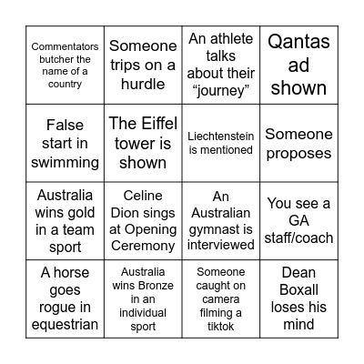 Olympics Bingo Card