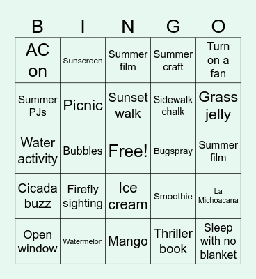 My Summer Bingo Card