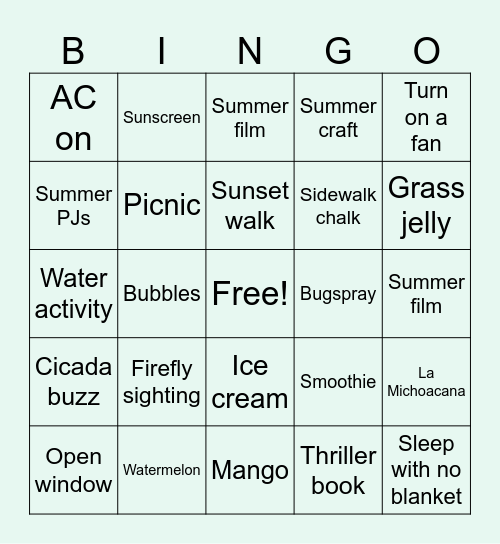 My Summer Bingo Card