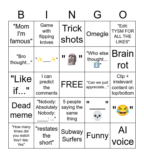 YouTube Shorts Bingo Card