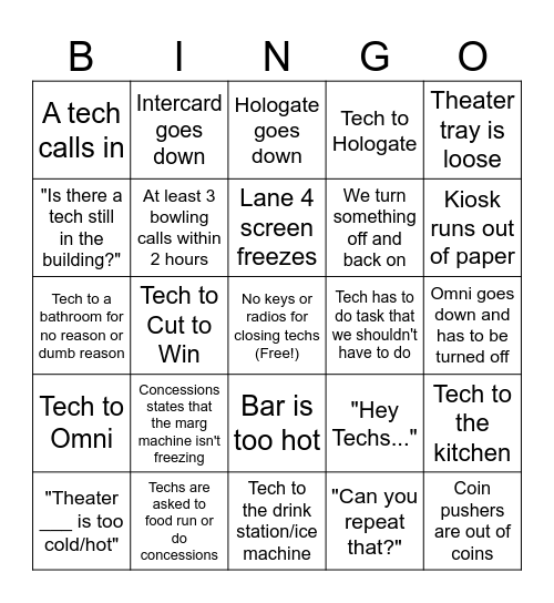 Technician Bingo Card