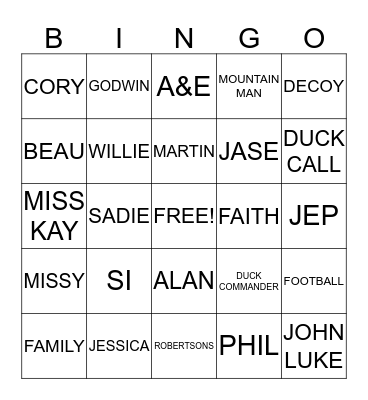 Duck Dynasty Bingo Card