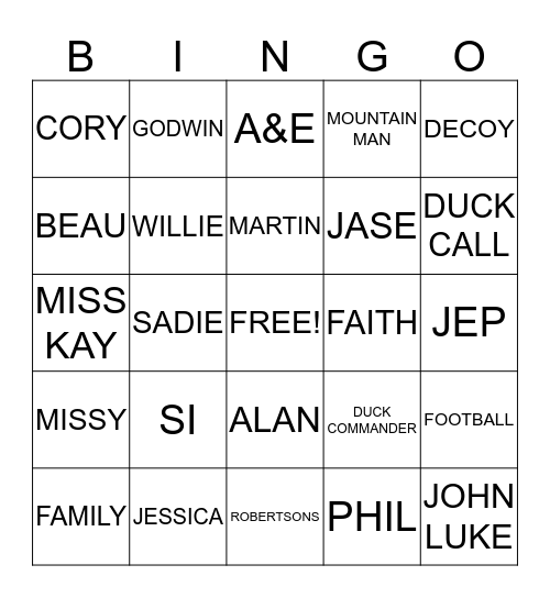 Duck Dynasty Bingo Card