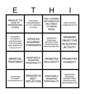 Ethics Bingo Card