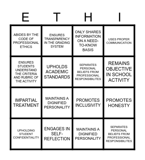 Ethics Bingo Card