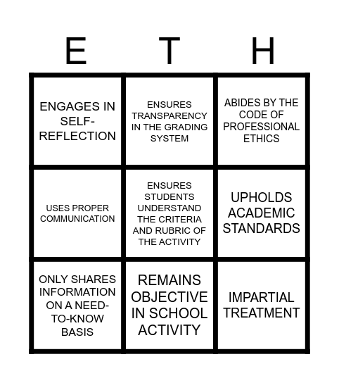 Ethics Bingo Card